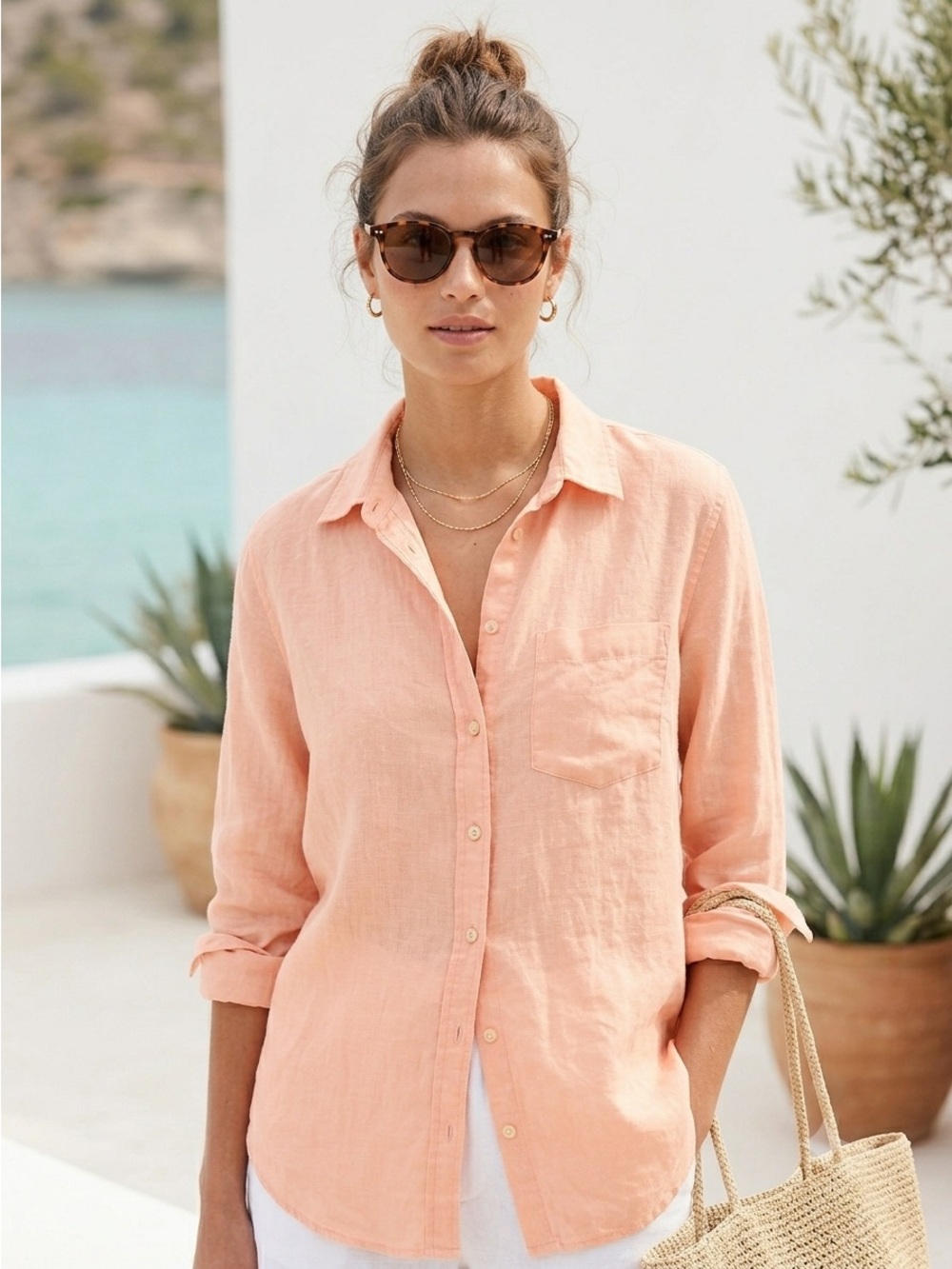 Gap Pale Peach Pink 100% Linen Boyfriend Relaxed Button Down Shirt - Large